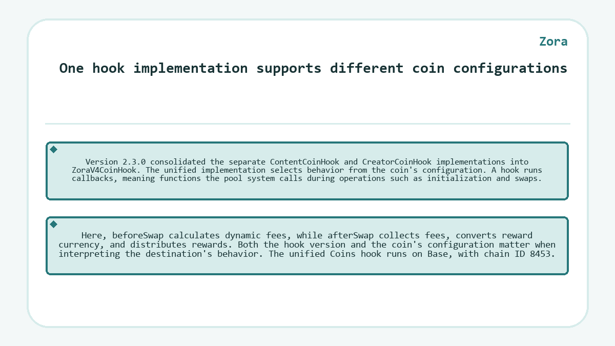 Illustration: Zora - One hook implementation supports different coin configurations